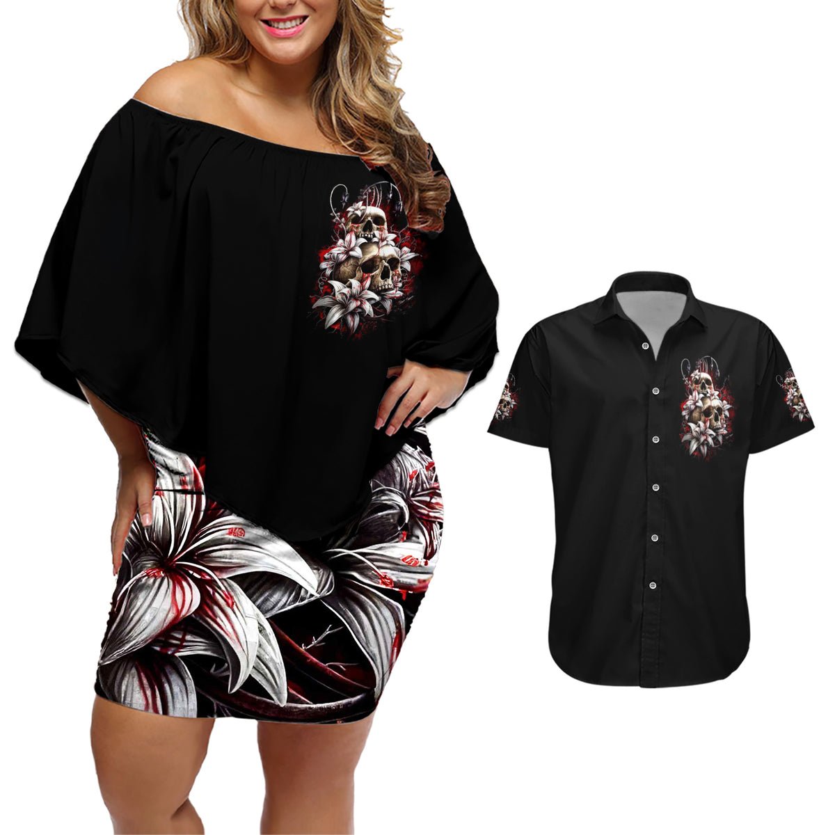 Blood Skull Couples Matching Off Shoulder Short Dress and Hawaiian Shirt I Hold A Angel And Crazy Lady It Your Choice - Wonder Print Shop