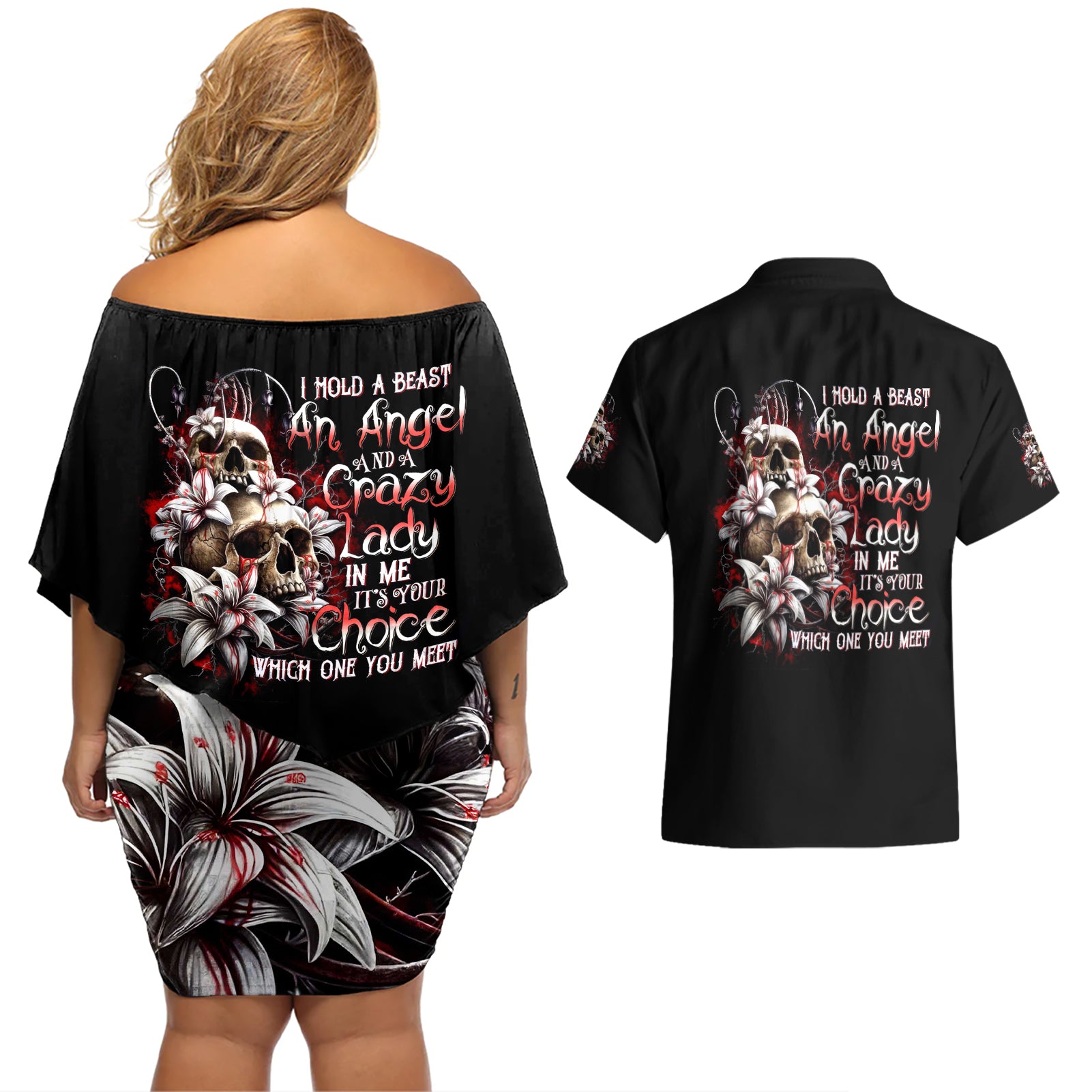 Blood Skull Couples Matching Off Shoulder Short Dress and Hawaiian Shirt I Hold A Angel And Crazy Lady It Your Choice - Wonder Print Shop