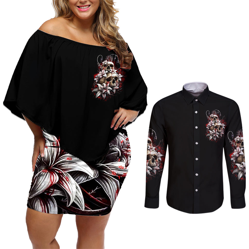 Blood Skull Couples Matching Off Shoulder Short Dress and Long Sleeve Button Shirts I Hold A Angel And Crazy Lady It Your Choice - Wonder Print Shop