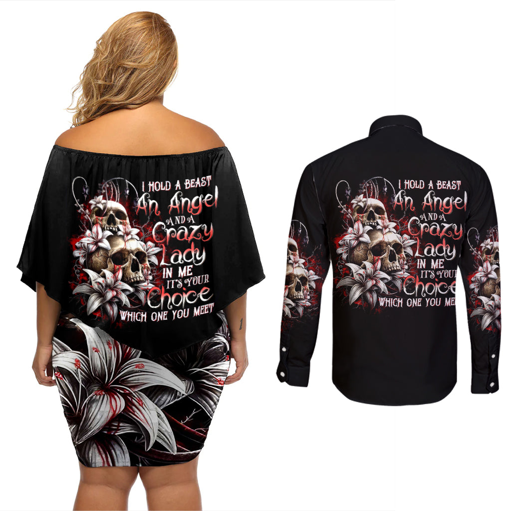 Blood Skull Couples Matching Off Shoulder Short Dress and Long Sleeve Button Shirts I Hold A Angel And Crazy Lady It Your Choice - Wonder Print Shop