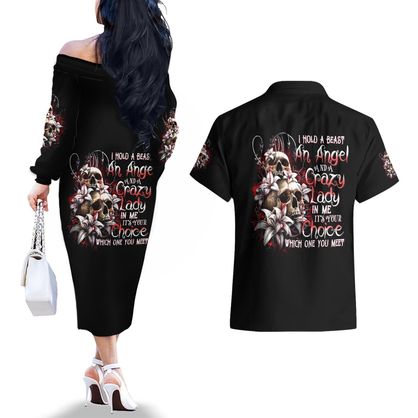 Blood Skull Couples Matching Off The Shoulder Long Sleeve Dress and Hawaiian Shirt I Hold A Angel And Crazy Lady It Your Choice - Wonder Print Shop