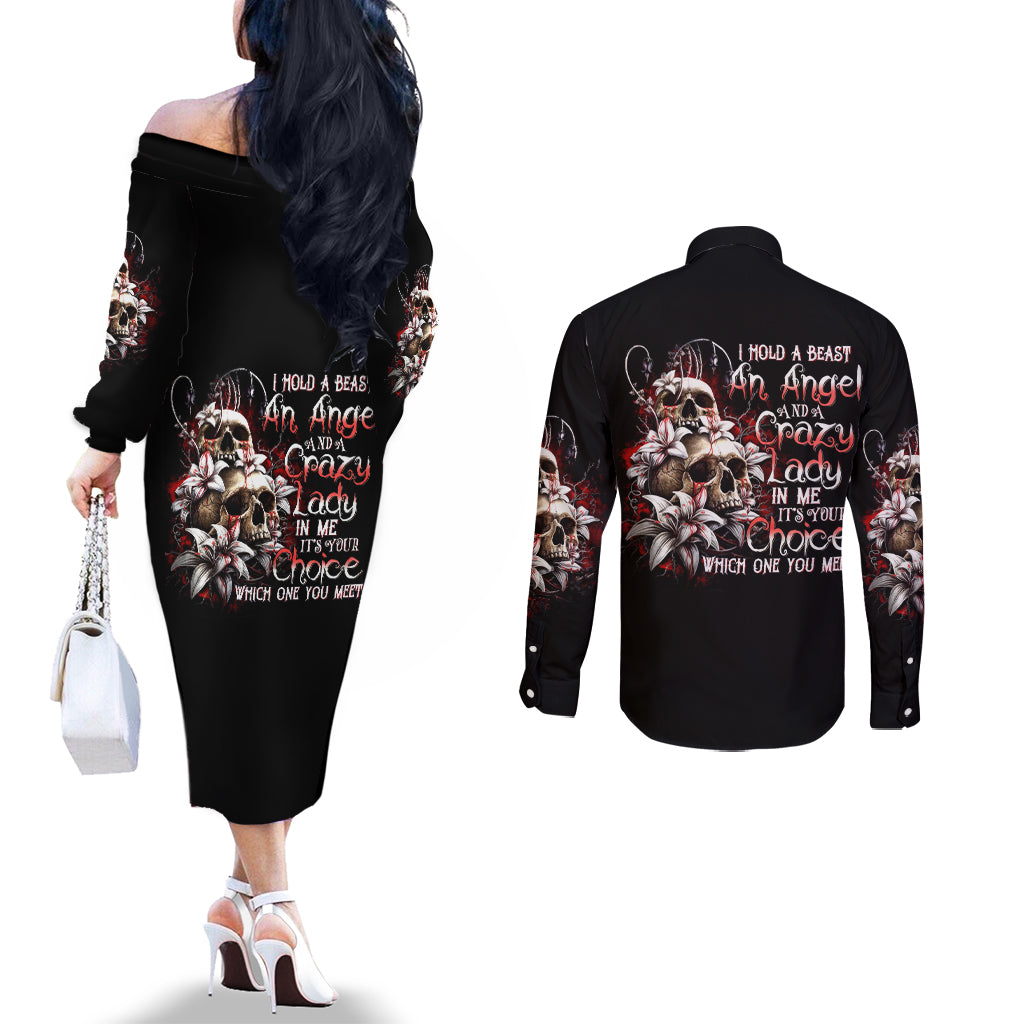 Blood Skull Couples Matching Off The Shoulder Long Sleeve Dress and Long Sleeve Button Shirts I Hold A Angel And Crazy Lady It Your Choice DT01