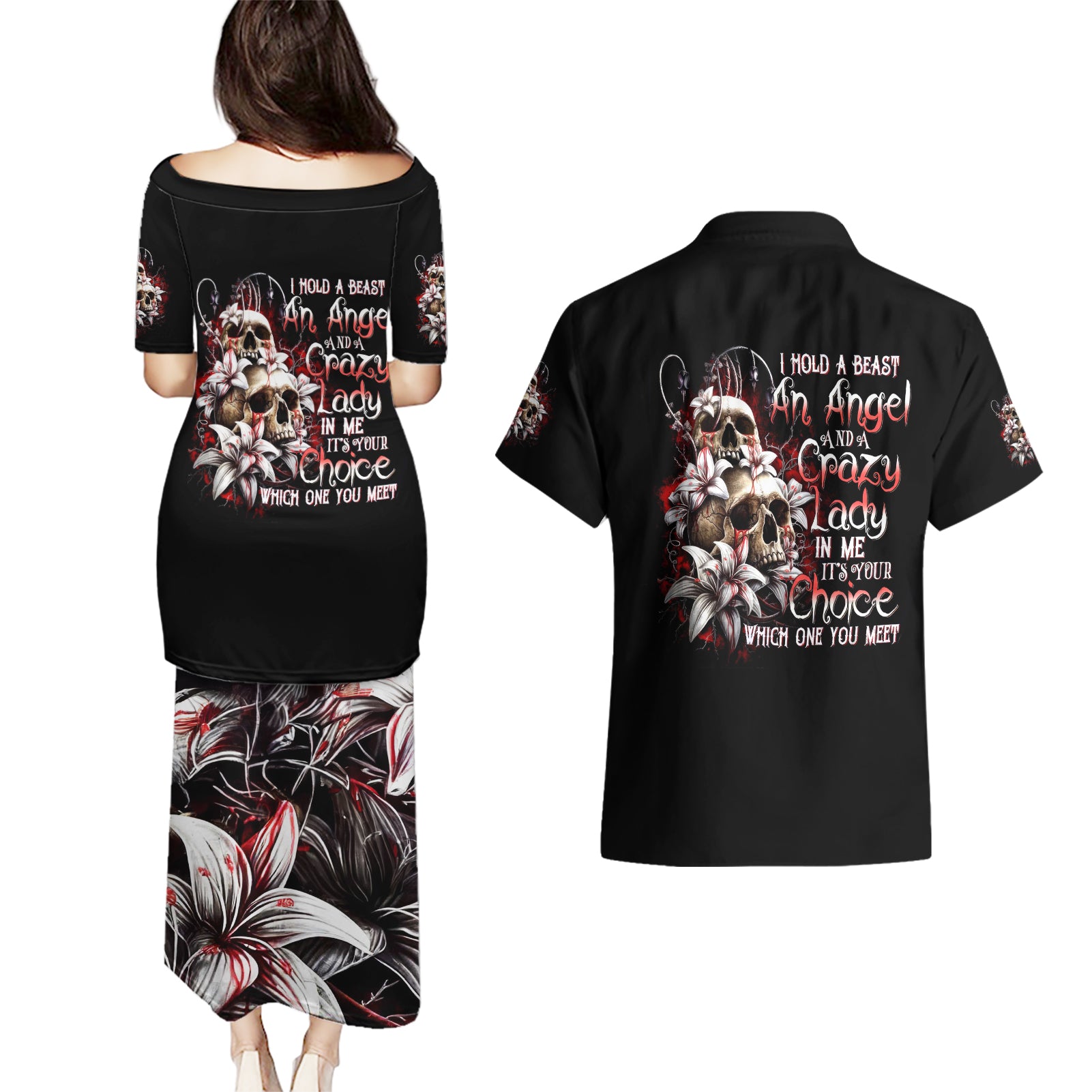 Blood Skull Couples Matching Puletasi Dress and Hawaiian Shirt I Hold A Angel And Crazy Lady It Your Choice - Wonder Print Shop
