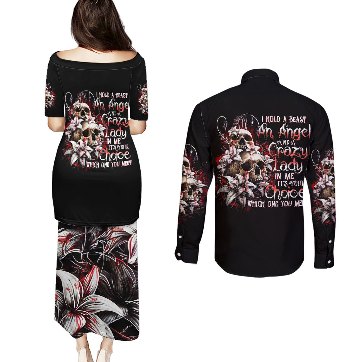 Blood Skull Couples Matching Puletasi Dress and Long Sleeve Button Shirts I Hold A Angel And Crazy Lady It Your Choice - Wonder Print Shop