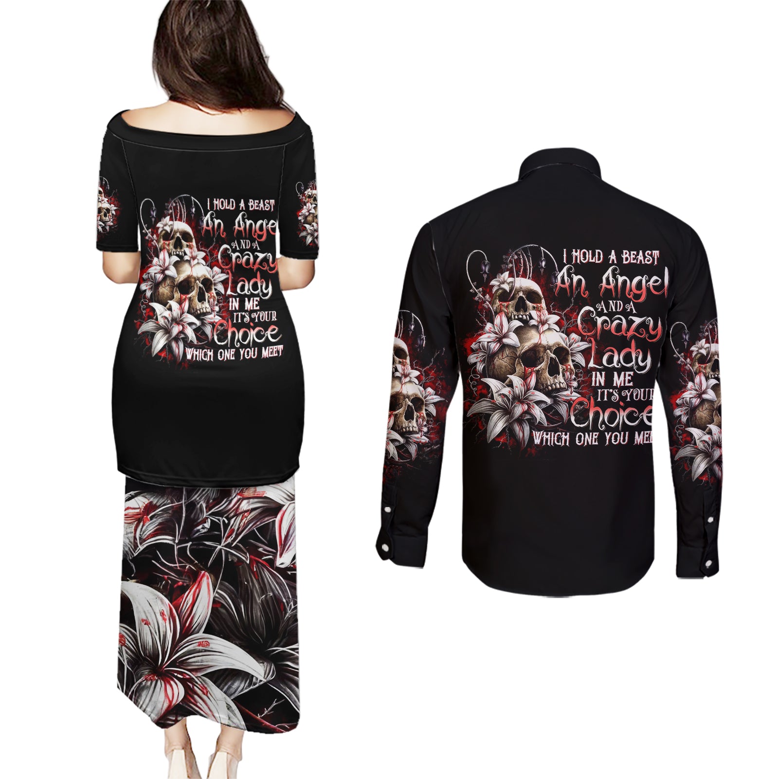 Blood Skull Couples Matching Puletasi Dress and Long Sleeve Button Shirts I Hold A Angel And Crazy Lady It Your Choice - Wonder Print Shop