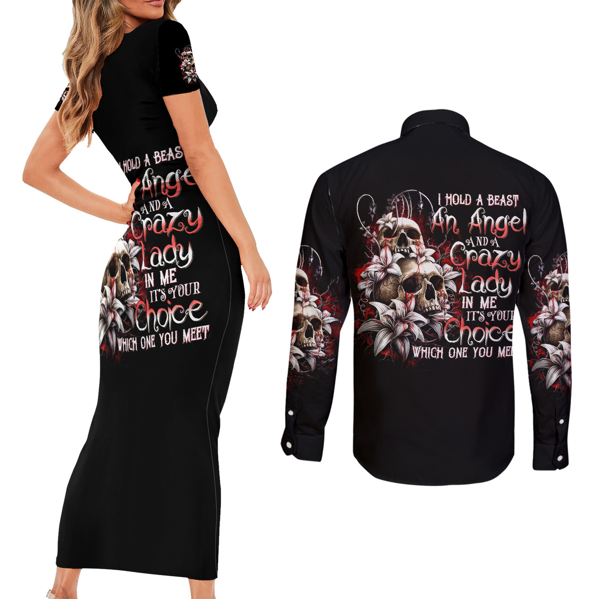 Blood Skull Couples Matching Short Sleeve Bodycon Dress and Long Sleeve Button Shirts I Hold A Angel And Crazy Lady It Your Choice - Wonder Print Shop