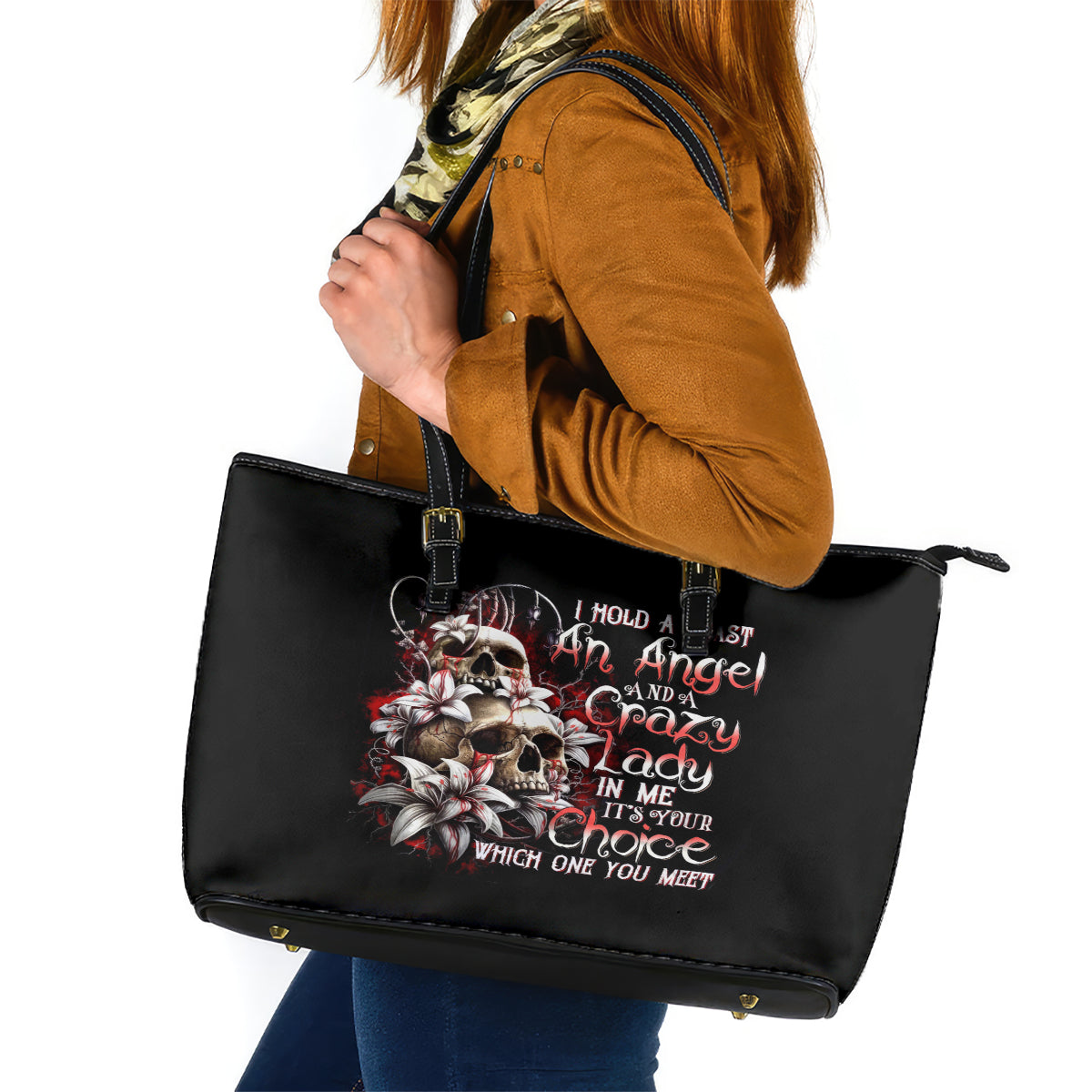 Blood Skull Leather Tote Bag I Hold A Angel And Crazy Lady It Your Choice - Wonder Print Shop