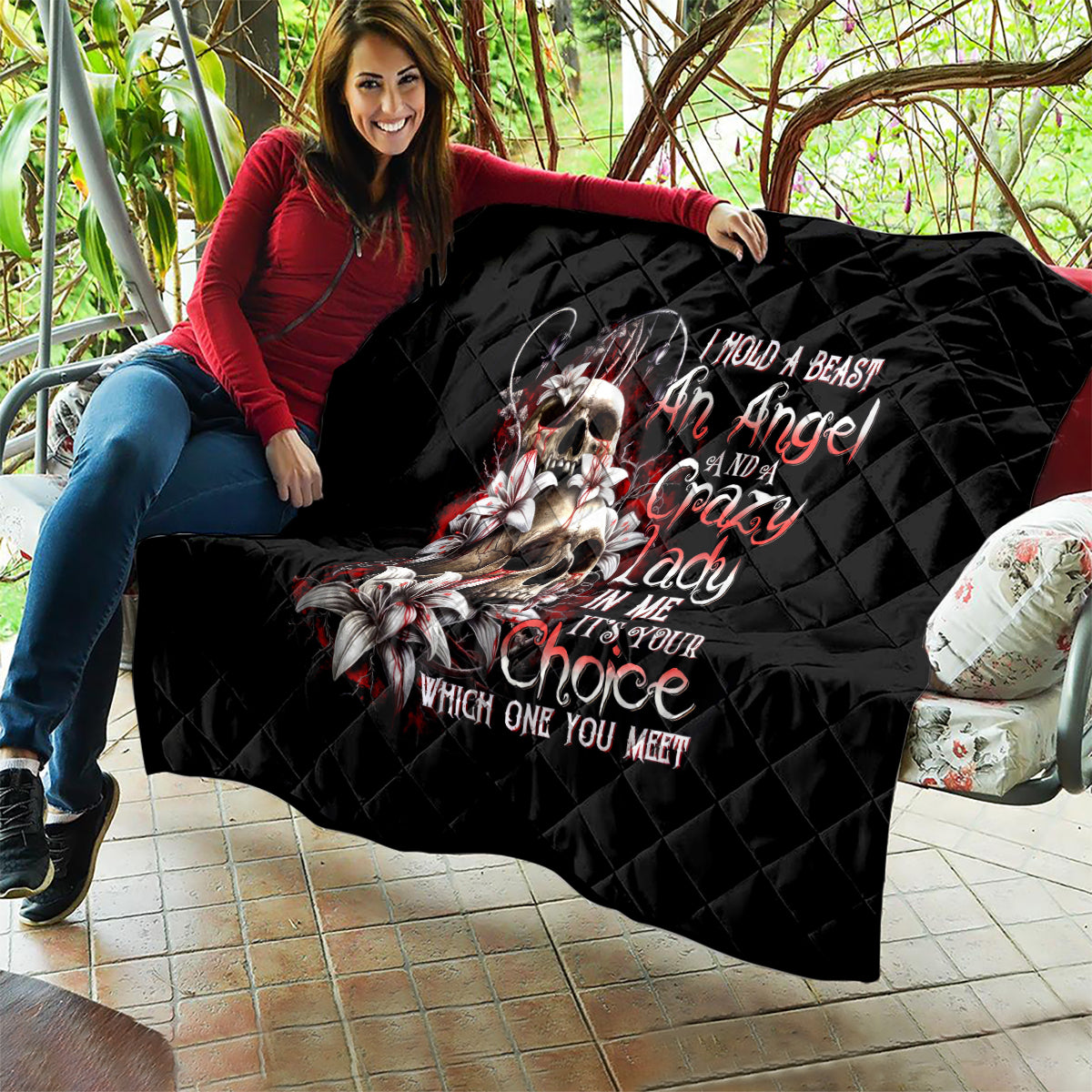 Blood Skull Quilt I Hold A Angel And Crazy Lady It Your Choice - Wonder Print Shop