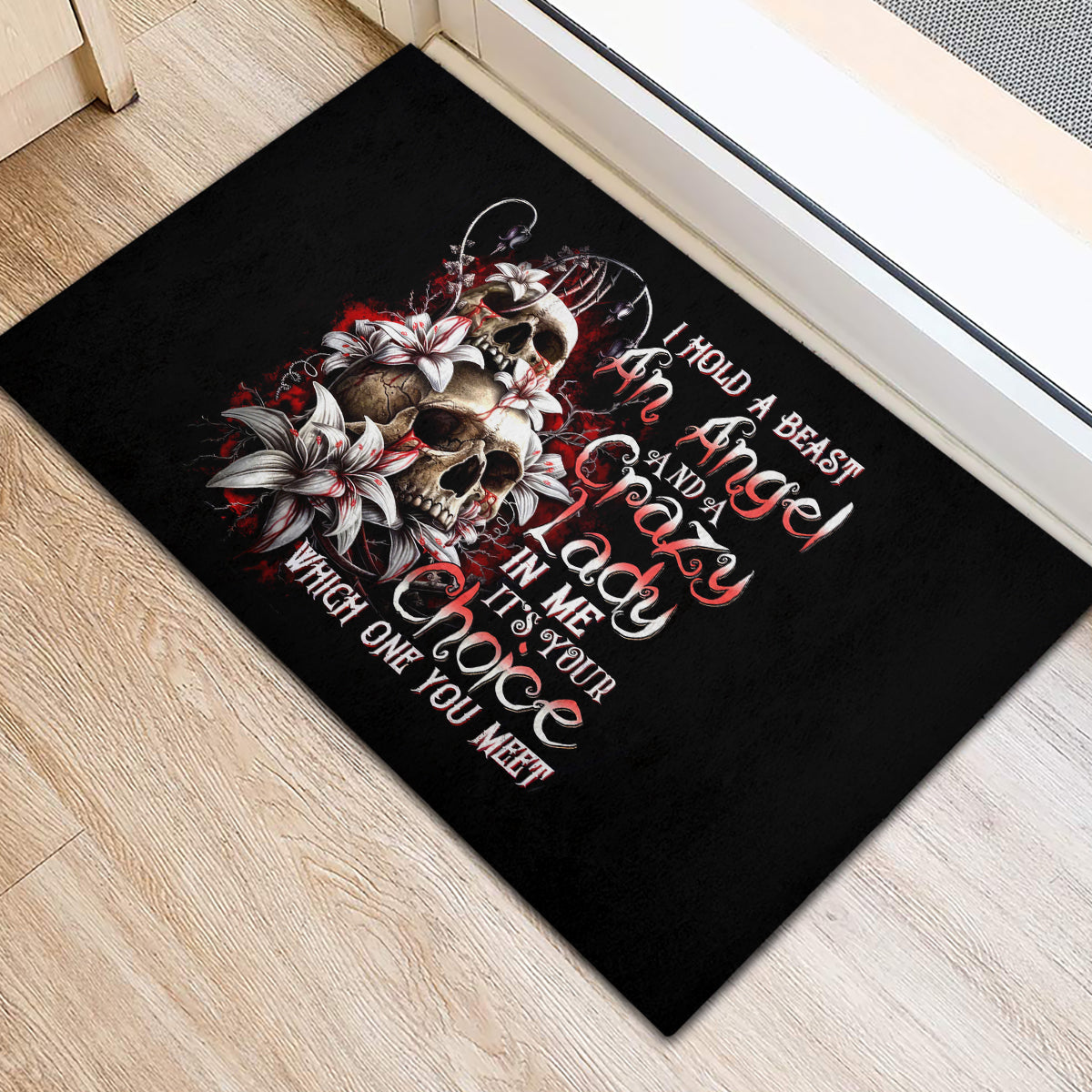 Blood Skull Rubber Doormat I Hold A Angel And Crazy Lady It Your Choice - Wonder Print Shop