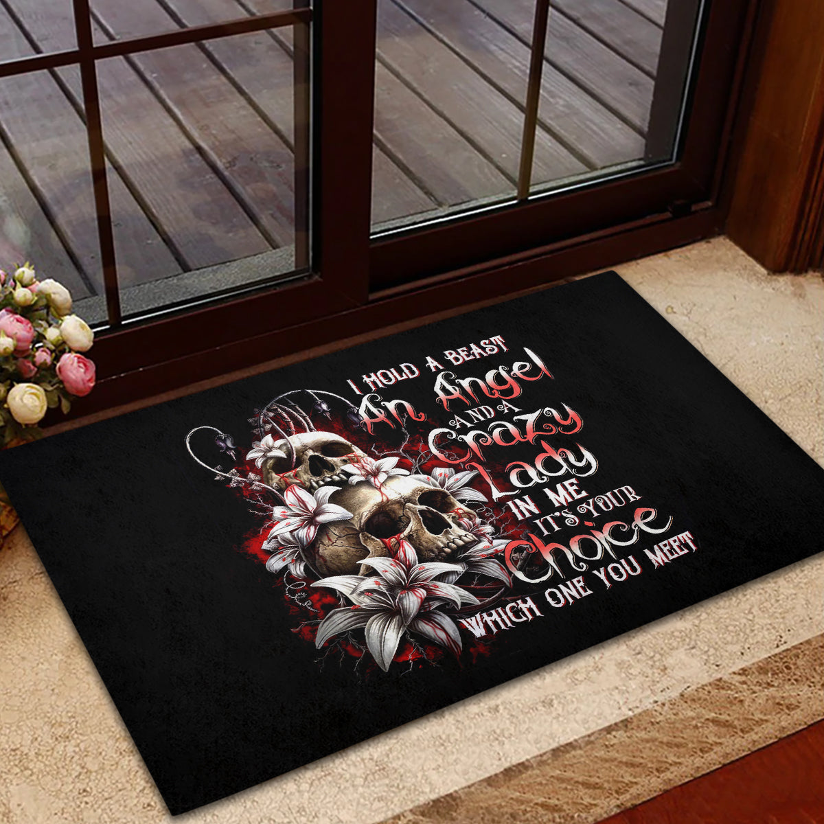 Blood Skull Rubber Doormat I Hold A Angel And Crazy Lady It Your Choice - Wonder Print Shop