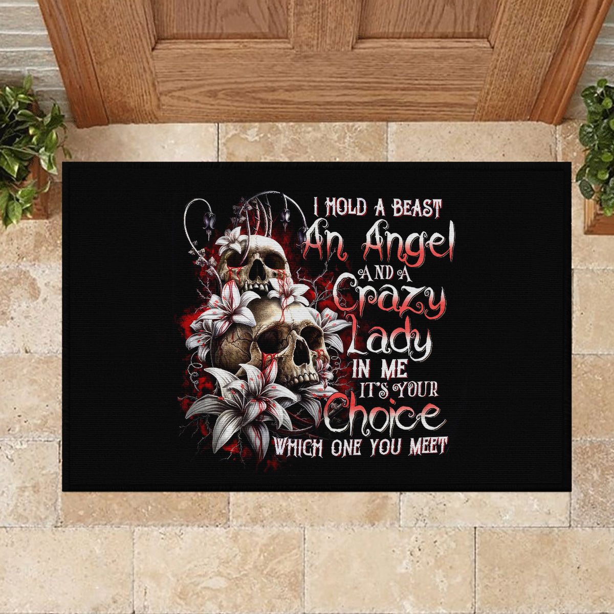Blood Skull Rubber Doormat I Hold A Angel And Crazy Lady It Your Choice - Wonder Print Shop