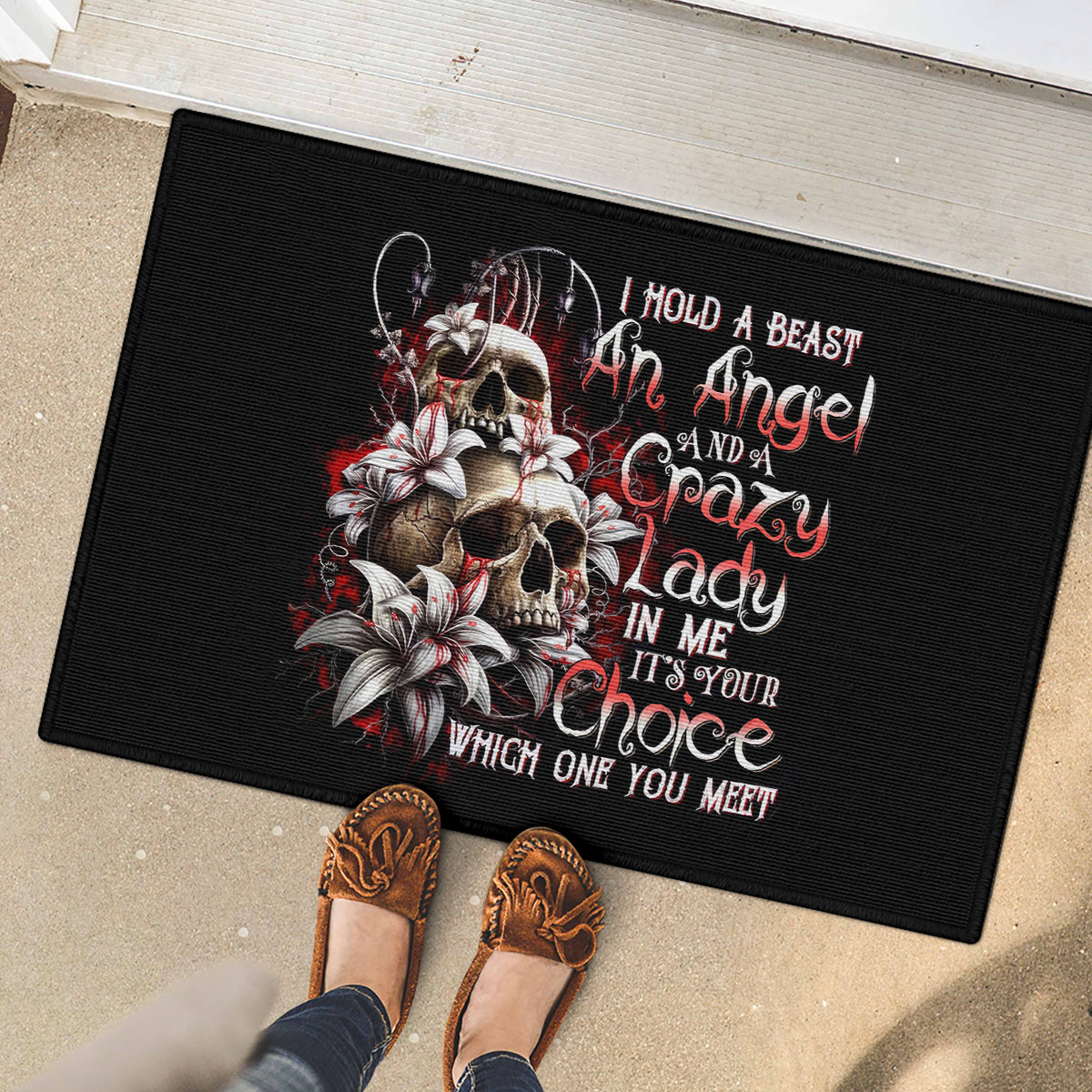 Blood Skull Rubber Doormat I Hold A Angel And Crazy Lady It Your Choice - Wonder Print Shop