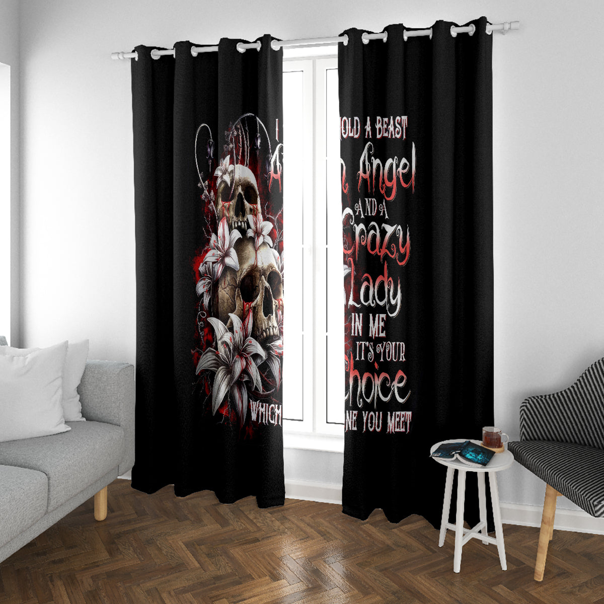 Blood Skull Window Curtain I Hold A Angel And Crazy Lady It Your Choice - Wonder Print Shop