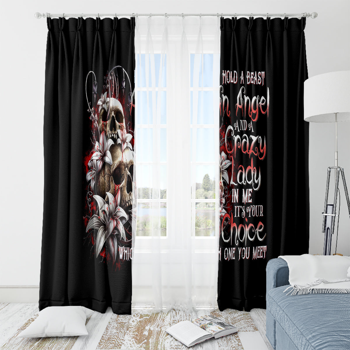 Blood Skull Window Curtain I Hold A Angel And Crazy Lady It Your Choice - Wonder Print Shop