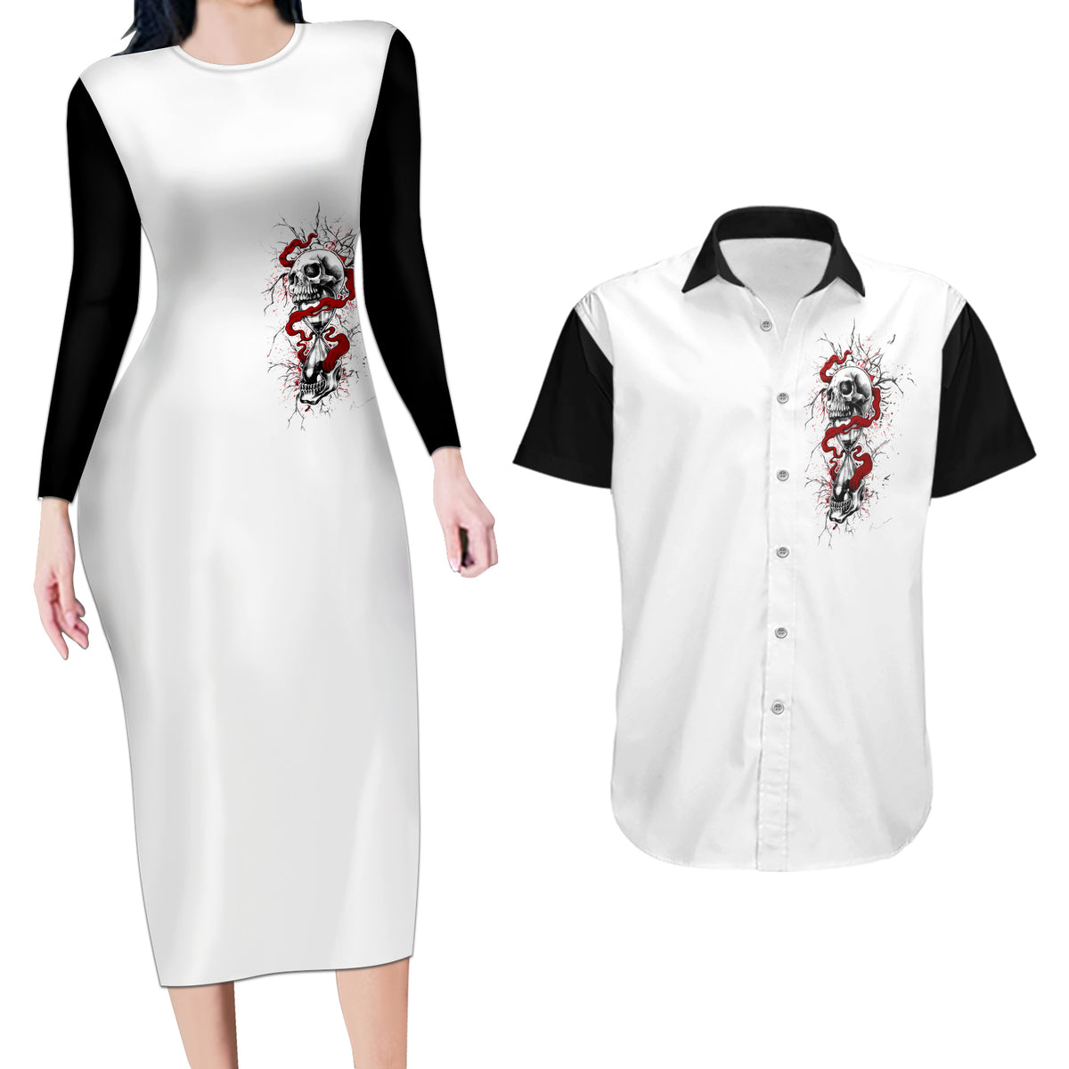 Blood Skull Couples Matching Long Sleeve Bodycon Dress and Hawaiian Shirt You Got My Back I Got Your Rest Of Your Life - Wonder Print Shop