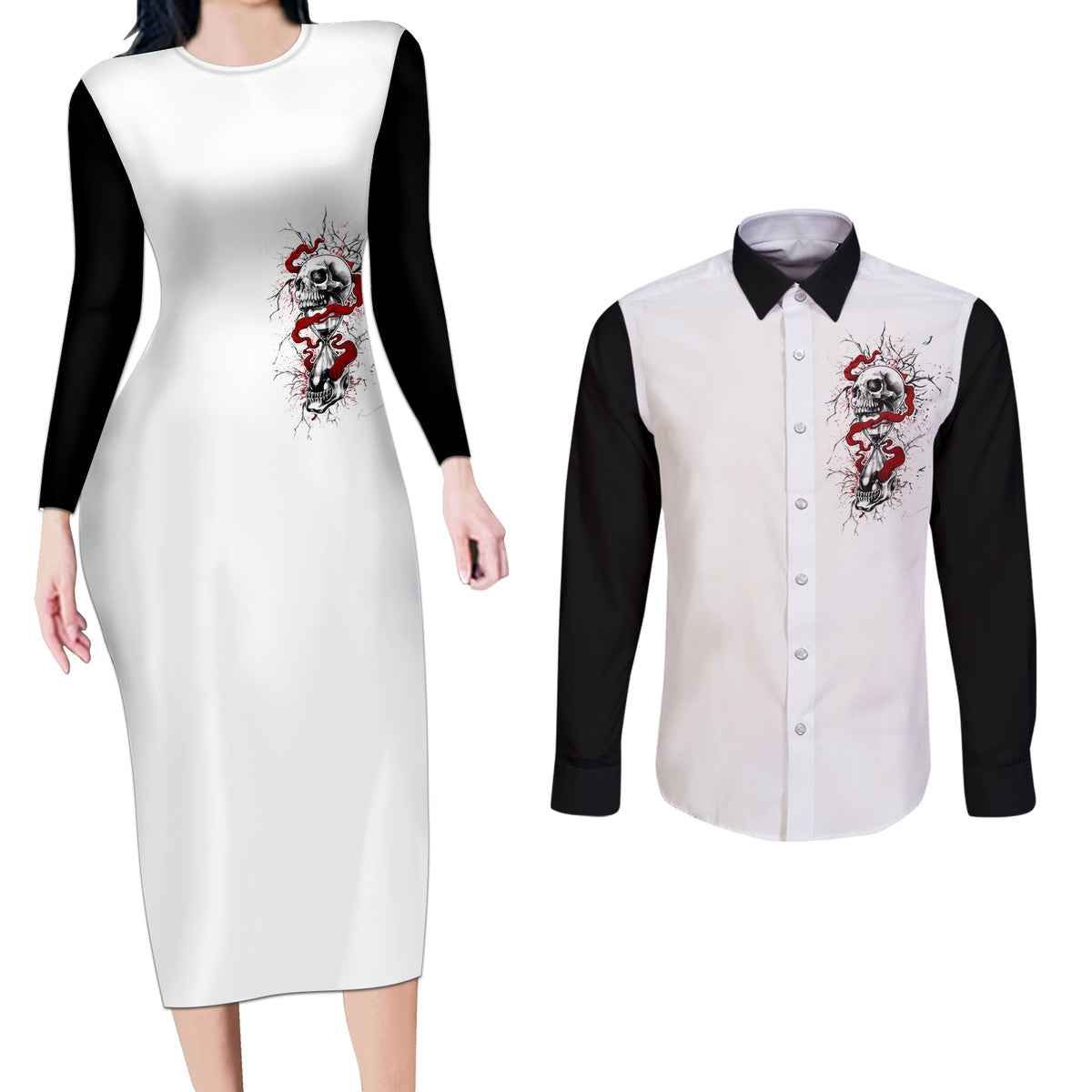 Blood Skull Couples Matching Long Sleeve Bodycon Dress and Long Sleeve Button Shirts You Got My Back I Got Your Rest Of Your Life - Wonder Print Shop