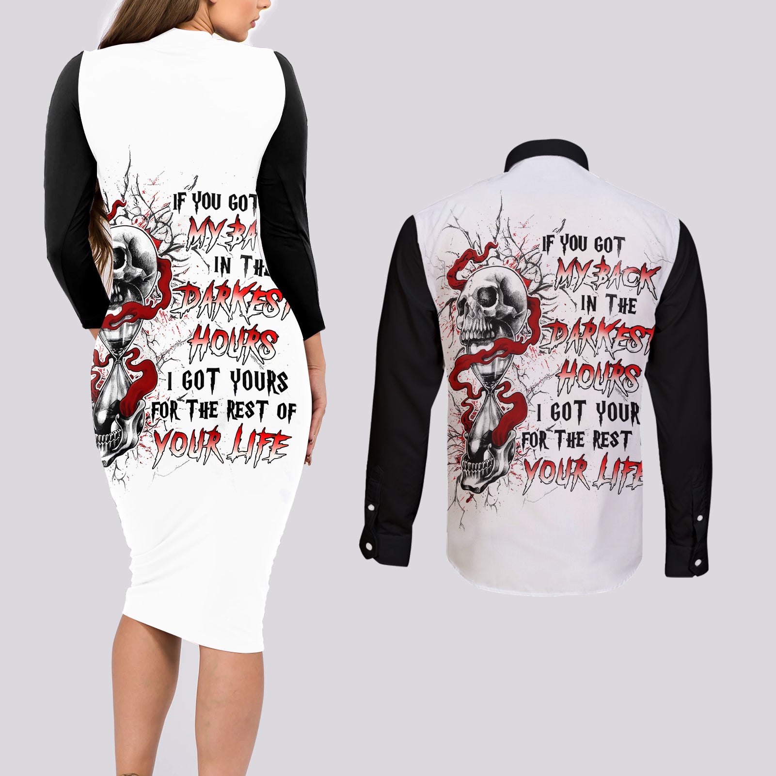 Blood Skull Couples Matching Long Sleeve Bodycon Dress and Long Sleeve Button Shirts You Got My Back I Got Your Rest Of Your Life - Wonder Print Shop