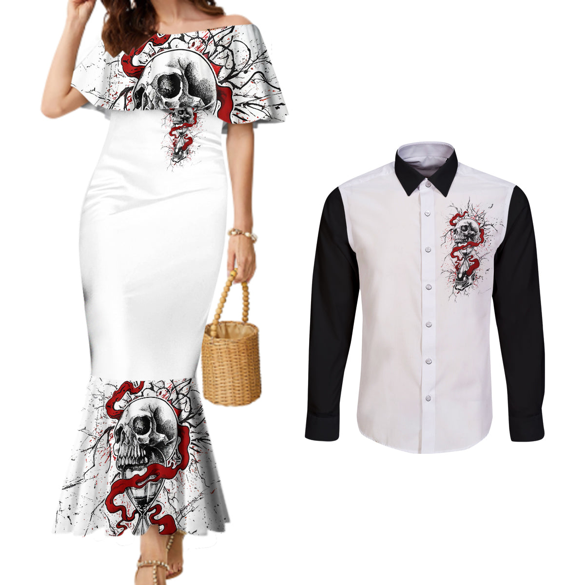 Blood Skull Couples Matching Mermaid Dress and Long Sleeve Button Shirts You Got My Back I Got Your Rest Of Your Life DT01