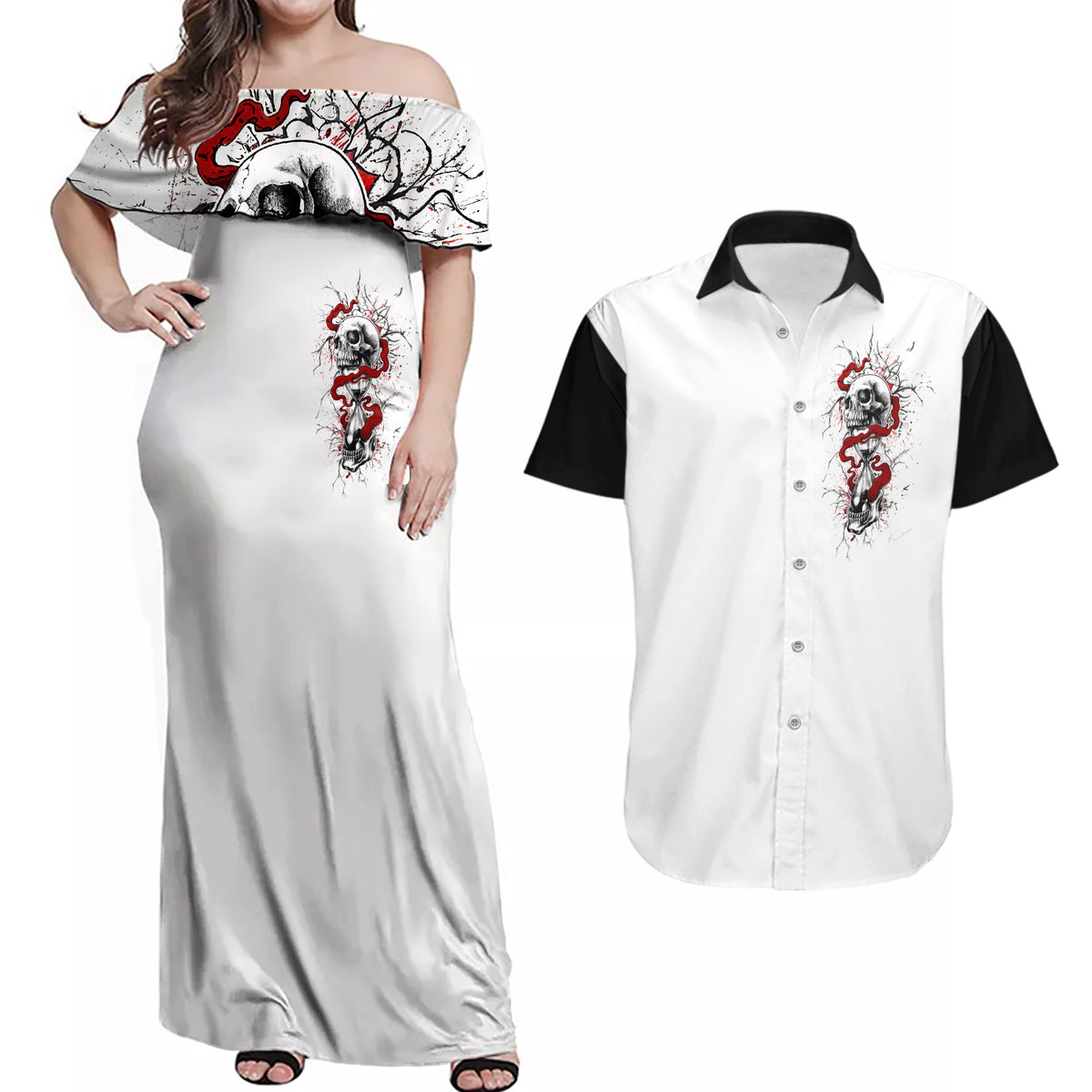 Blood Skull Couples Matching Off Shoulder Maxi Dress and Hawaiian Shirt You Got My Back I Got Your Rest Of Your Life - Wonder Print Shop