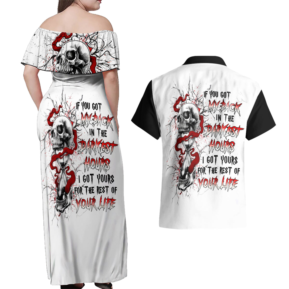 Blood Skull Couples Matching Off Shoulder Maxi Dress and Hawaiian Shirt You Got My Back I Got Your Rest Of Your Life - Wonder Print Shop
