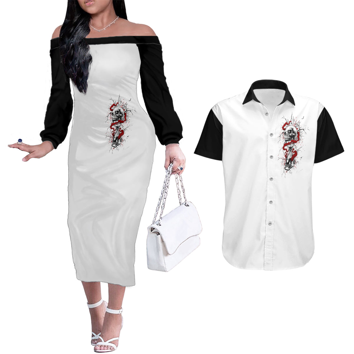 Blood Skull Couples Matching Off The Shoulder Long Sleeve Dress and Hawaiian Shirt You Got My Back I Got Your Rest Of Your Life - Wonder Print Shop