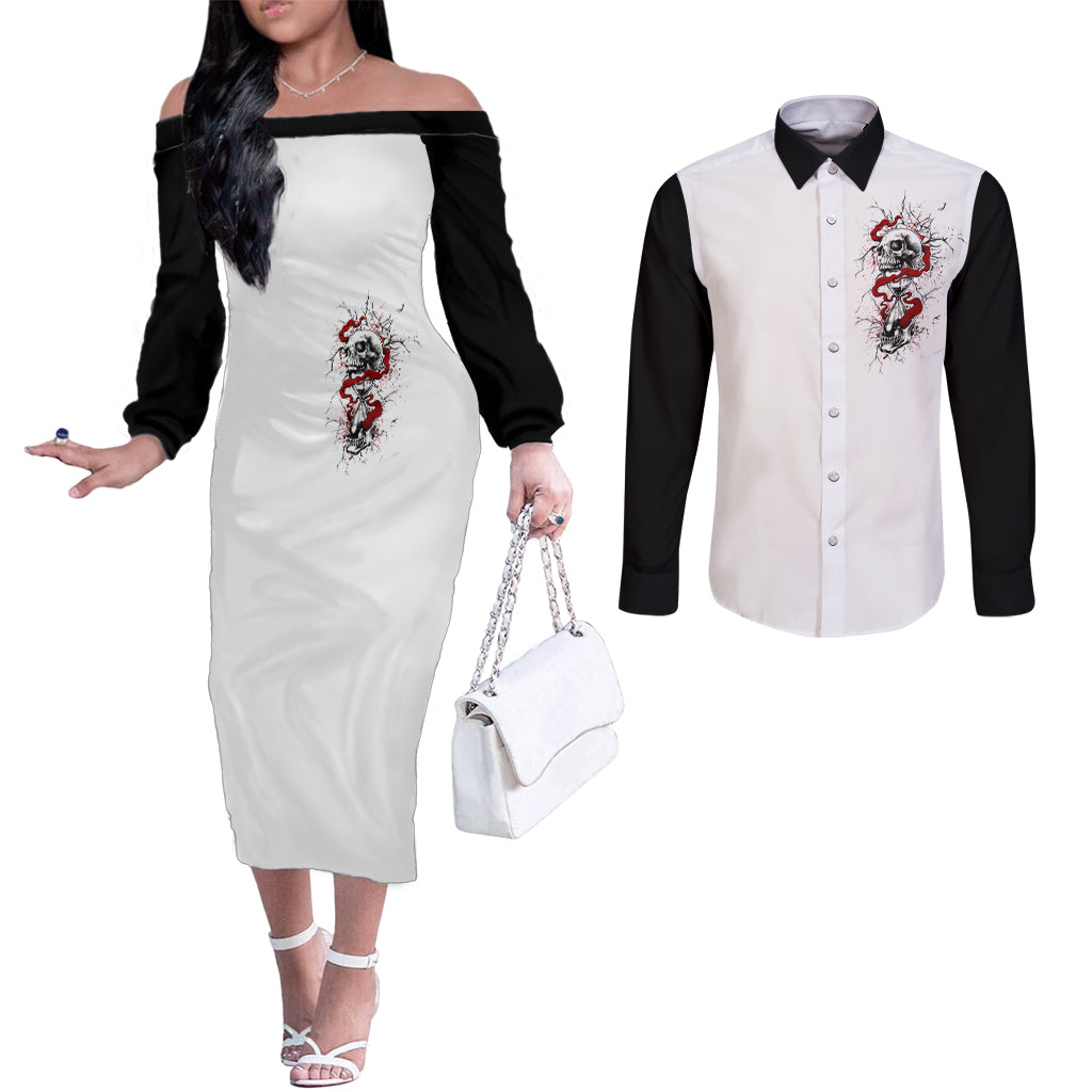 Blood Skull Couples Matching Off The Shoulder Long Sleeve Dress and Long Sleeve Button Shirts You Got My Back I Got Your Rest Of Your Life DT01