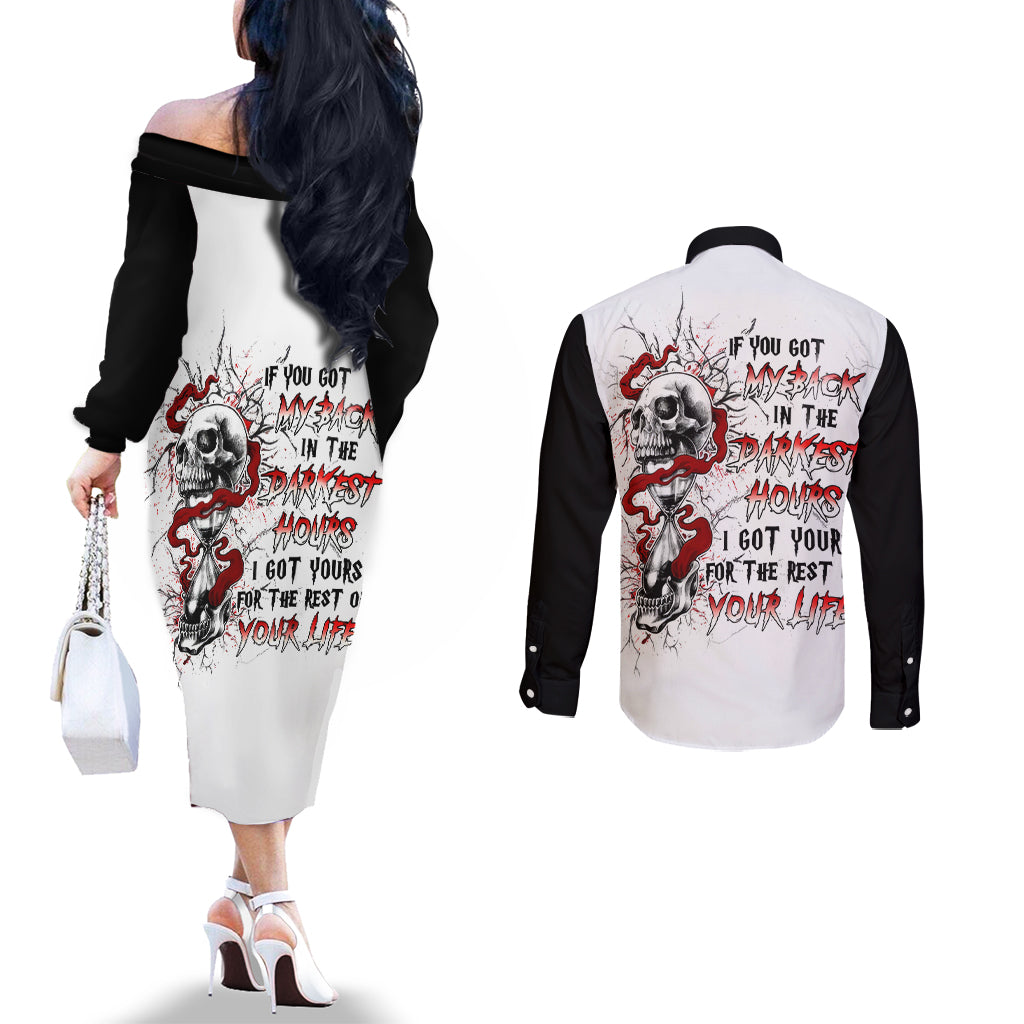 Blood Skull Couples Matching Off The Shoulder Long Sleeve Dress and Long Sleeve Button Shirts You Got My Back I Got Your Rest Of Your Life DT01
