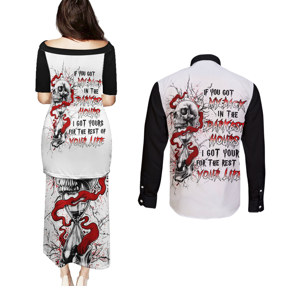 Blood Skull Couples Matching Puletasi Dress and Long Sleeve Button Shirts You Got My Back I Got Your Rest Of Your Life - Wonder Print Shop