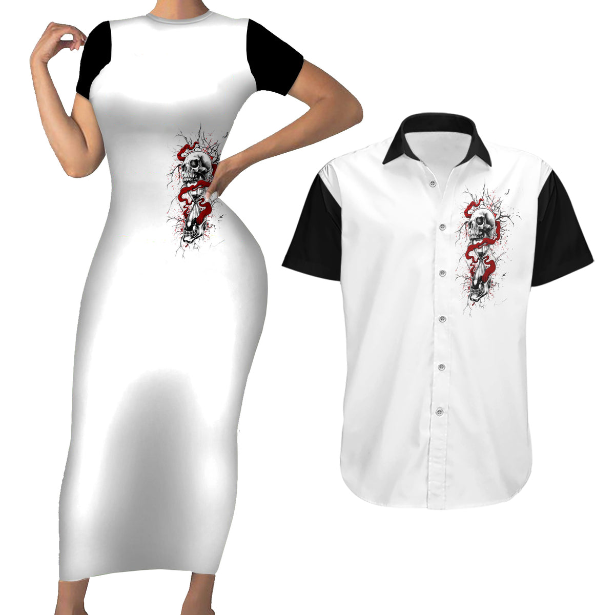 Blood Skull Couples Matching Short Sleeve Bodycon Dress and Hawaiian Shirt You Got My Back I Got Your Rest Of Your Life - Wonder Print Shop