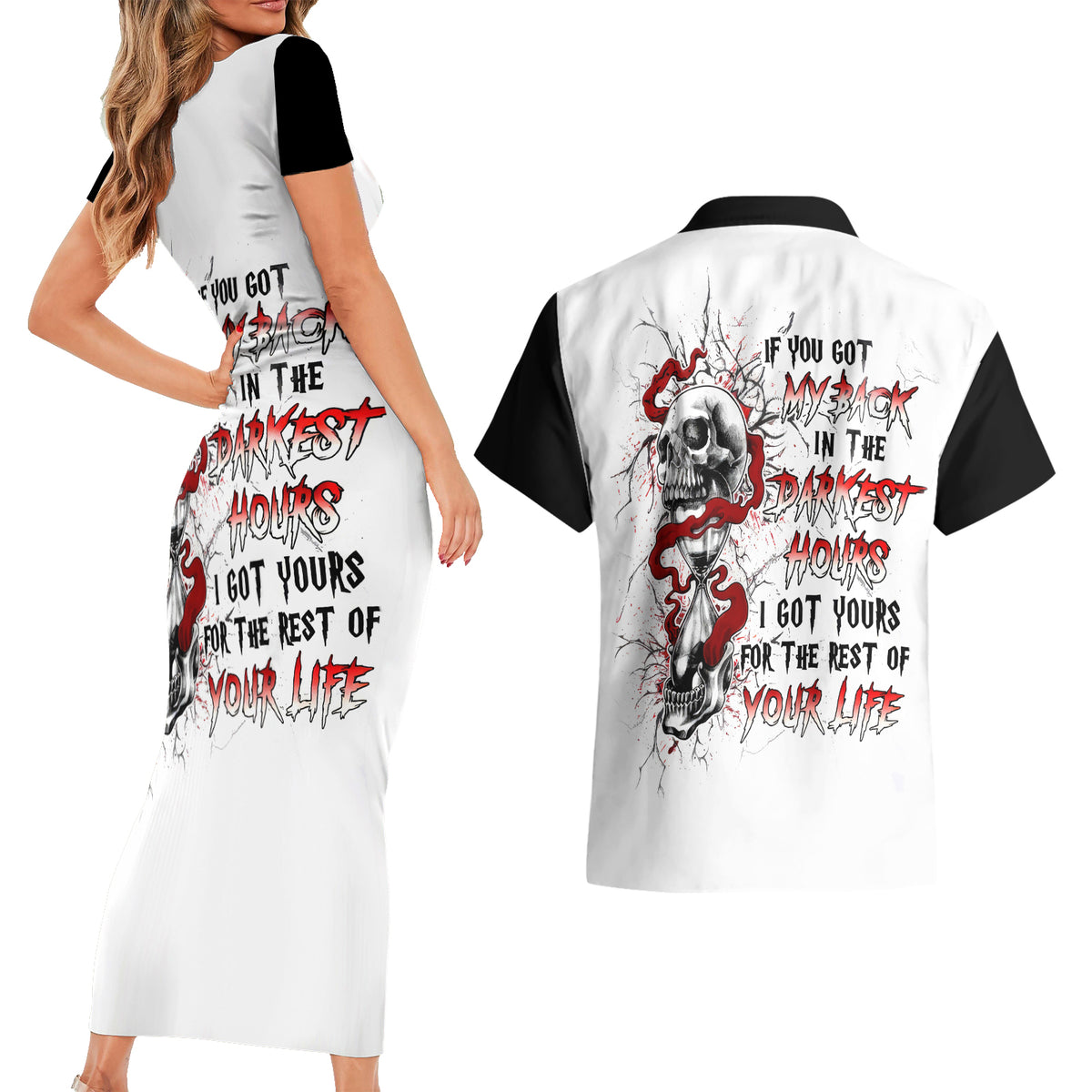 Blood Skull Couples Matching Short Sleeve Bodycon Dress and Hawaiian Shirt You Got My Back I Got Your Rest Of Your Life - Wonder Print Shop