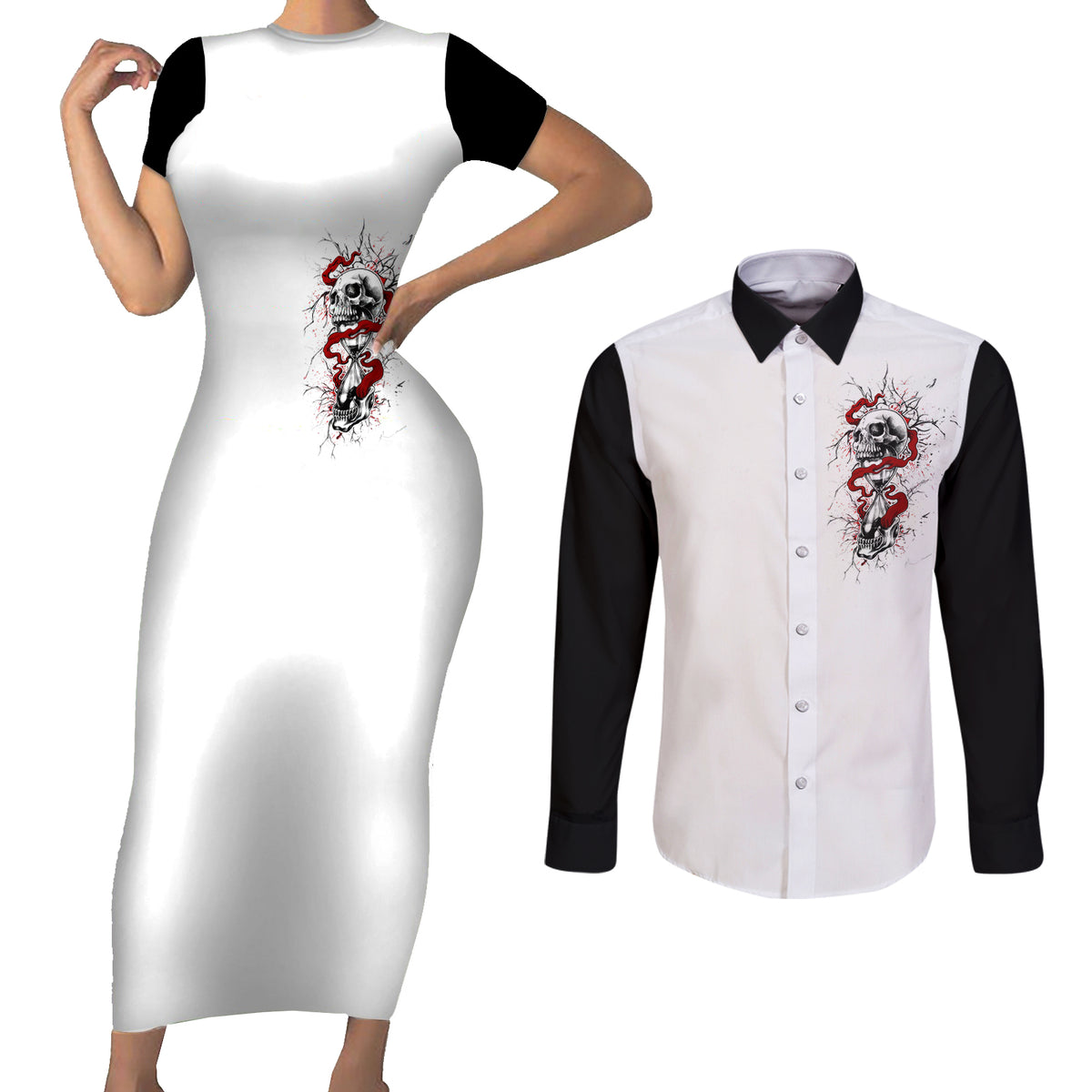 Blood Skull Couples Matching Short Sleeve Bodycon Dress and Long Sleeve Button Shirts You Got My Back I Got Your Rest Of Your Life - Wonder Print Shop