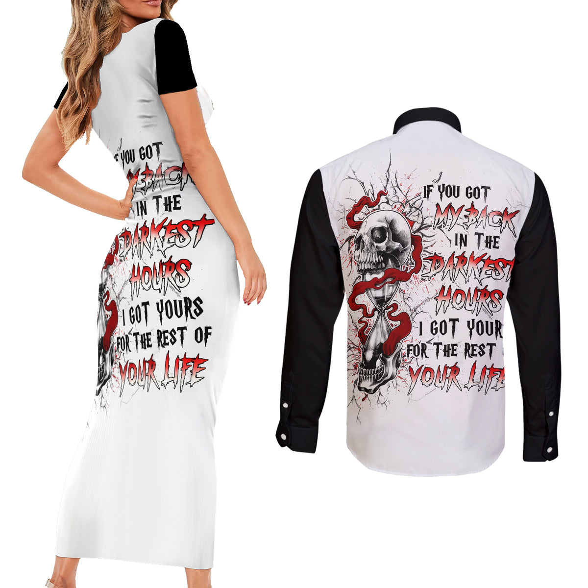 Blood Skull Couples Matching Short Sleeve Bodycon Dress and Long Sleeve Button Shirts You Got My Back I Got Your Rest Of Your Life - Wonder Print Shop