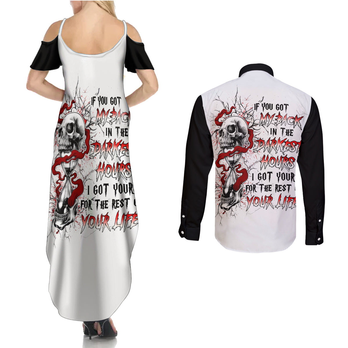 Blood Skull Couples Matching Summer Maxi Dress and Long Sleeve Button Shirts You Got My Back I Got Your Rest Of Your Life - Wonder Print Shop