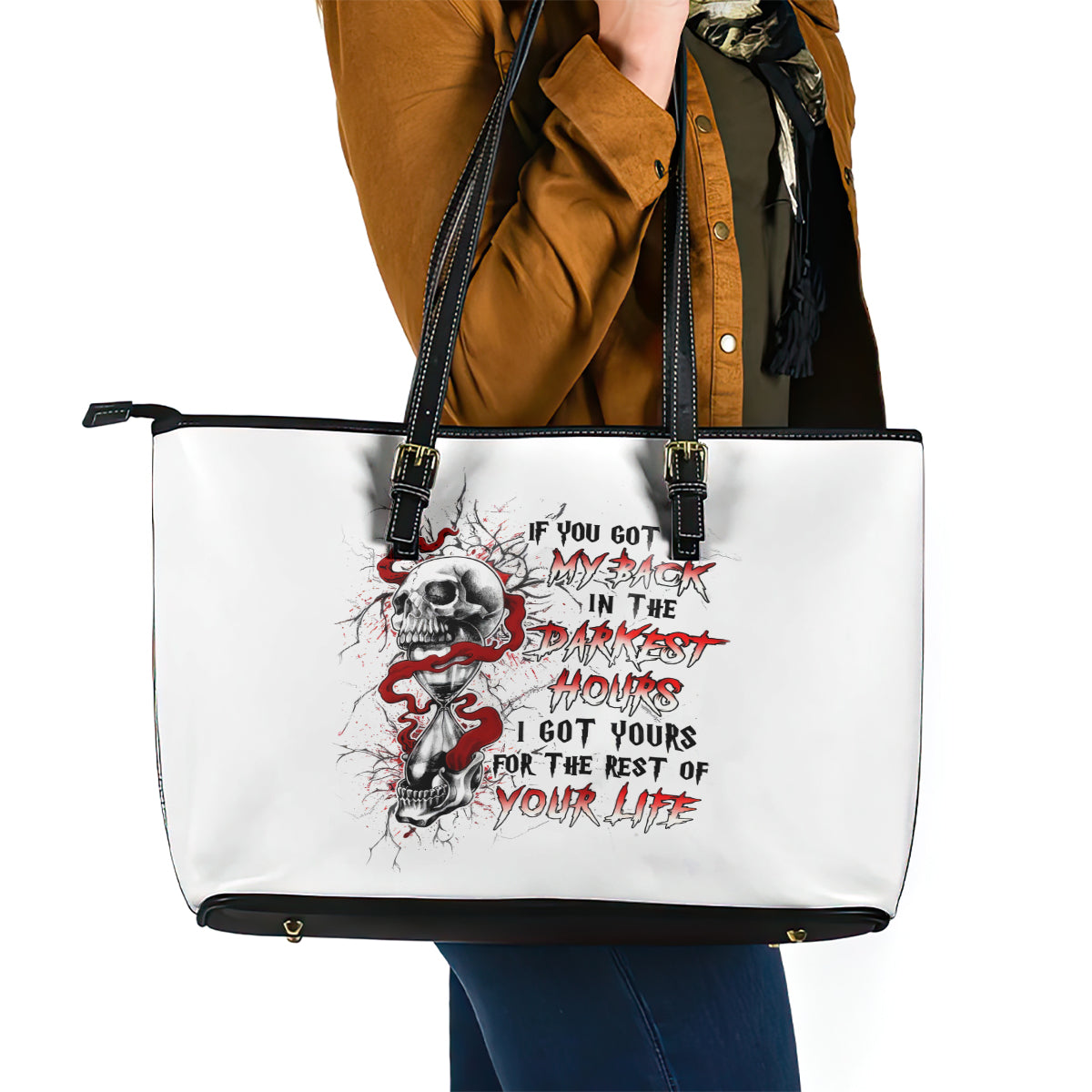 Blood Skull Leather Tote Bag You Got My Back I Got Your Rest Of Your Life - Wonder Print Shop