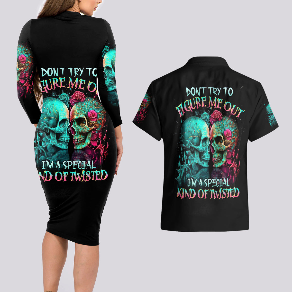 Twin Skull Couples Matching Long Sleeve Bodycon Dress and Hawaiian Shirt Don't Try To Figure Me Out I'm A Special - Wonder Print Shop
