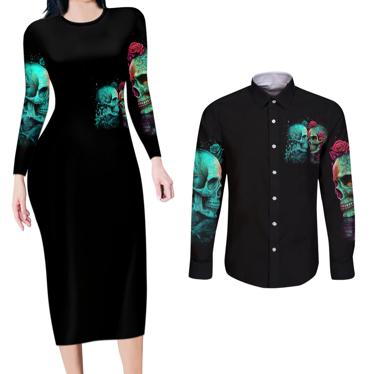 Twin Skull Couples Matching Long Sleeve Bodycon Dress and Long Sleeve Button Shirts Don't Try To Figure Me Out I'm A Special - Wonder Print Shop