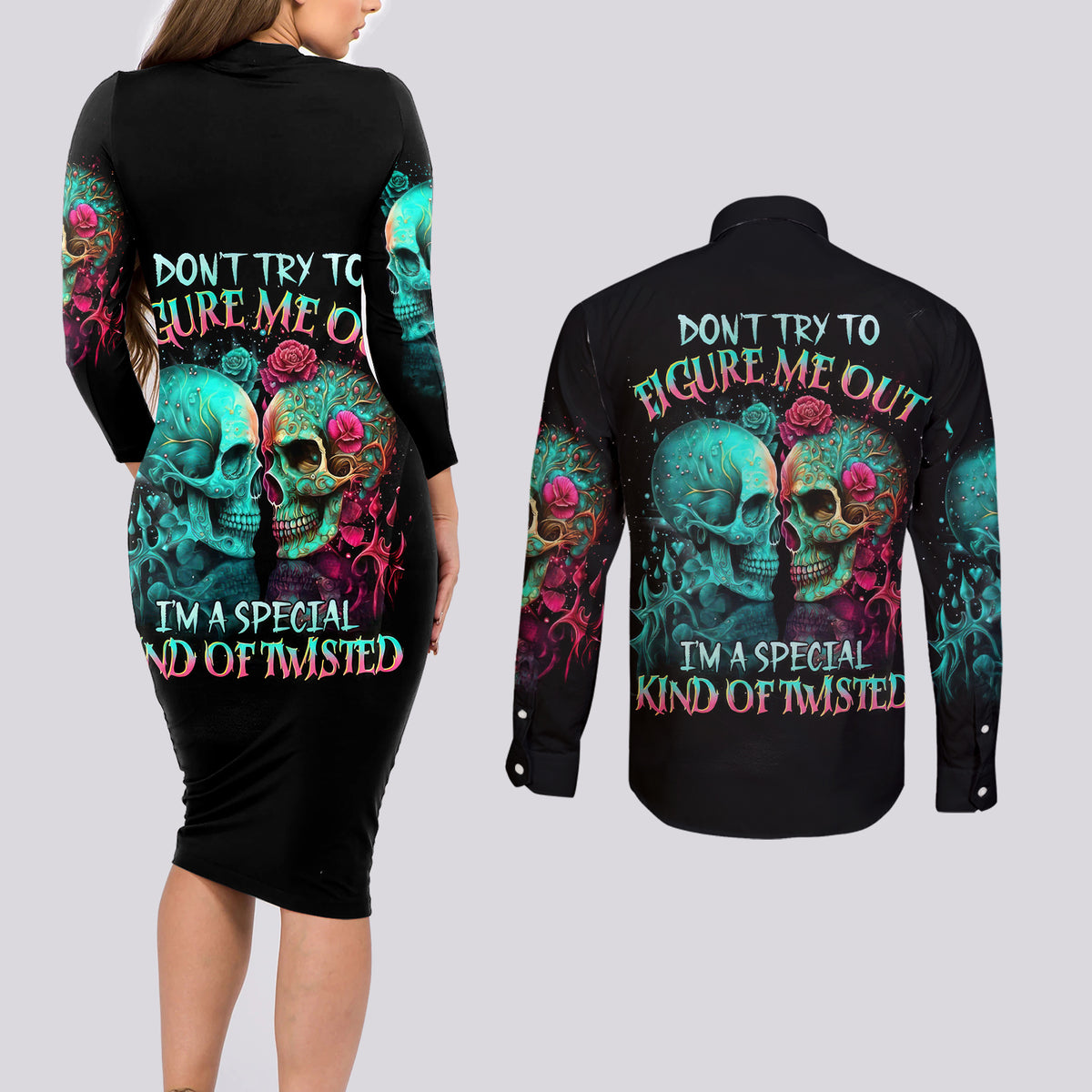 Twin Skull Couples Matching Long Sleeve Bodycon Dress and Long Sleeve Button Shirts Don't Try To Figure Me Out I'm A Special - Wonder Print Shop