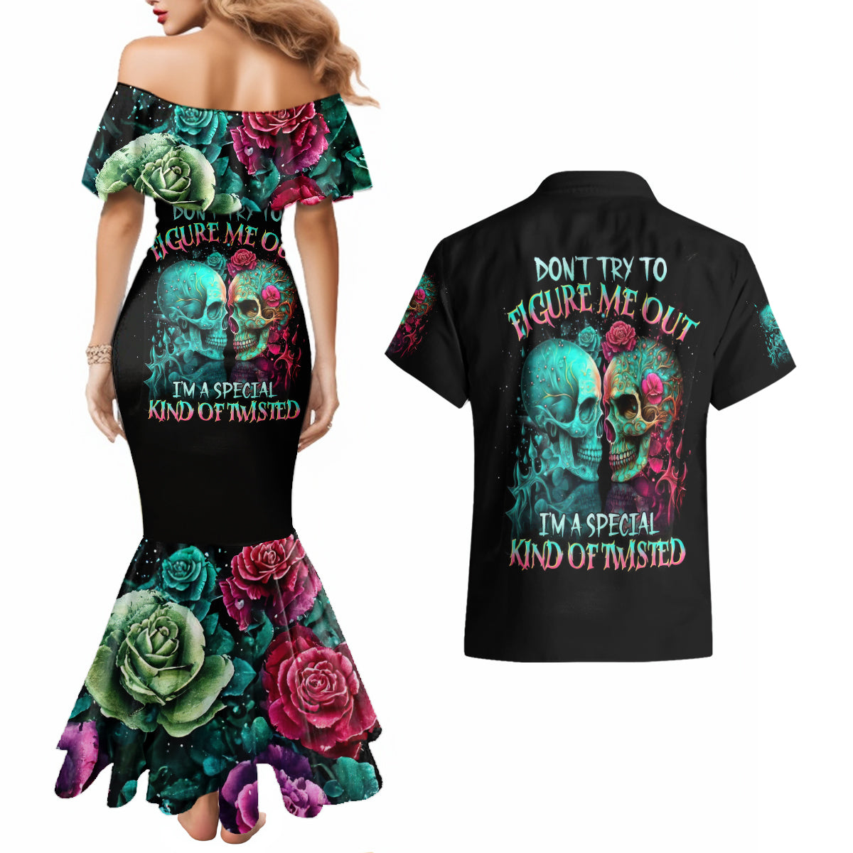 Twin Skull Couples Matching Mermaid Dress and Hawaiian Shirt Don't Try To Figure Me Out I'm A Special - Wonder Print Shop