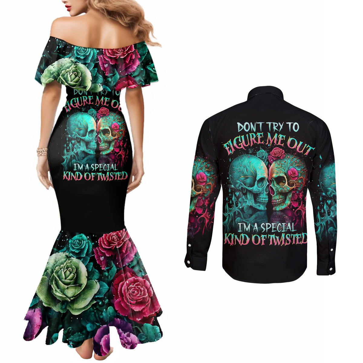 Twin Skull Couples Matching Mermaid Dress and Long Sleeve Button Shirts Don't Try To Figure Me Out I'm A Special DT01