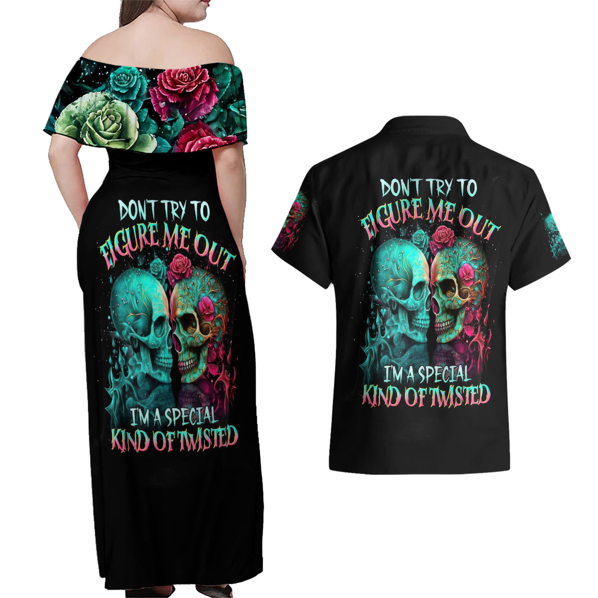 Twin Skull Couples Matching Off Shoulder Maxi Dress and Hawaiian Shirt Don't Try To Figure Me Out I'm A Special - Wonder Print Shop