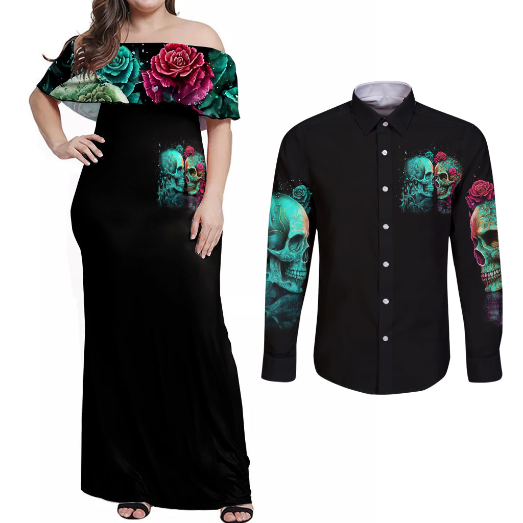 Twin Skull Couples Matching Off Shoulder Maxi Dress and Long Sleeve Button Shirts Don't Try To Figure Me Out I'm A Special - Wonder Print Shop