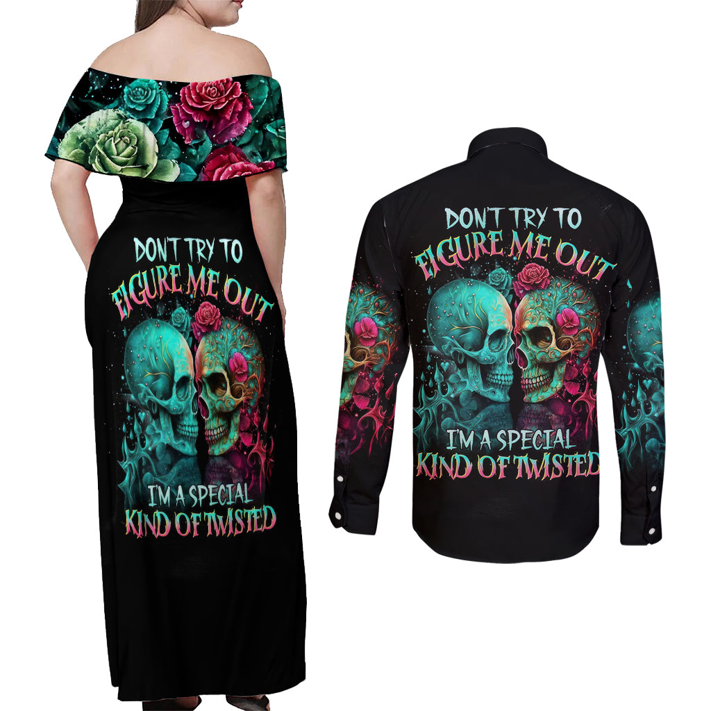 Twin Skull Couples Matching Off Shoulder Maxi Dress and Long Sleeve Button Shirts Don't Try To Figure Me Out I'm A Special - Wonder Print Shop