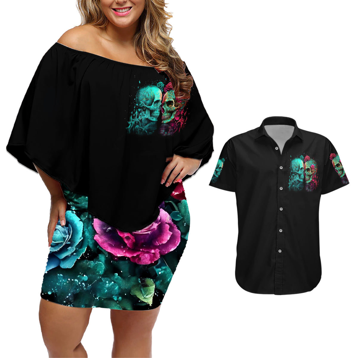 Twin Skull Couples Matching Off Shoulder Short Dress and Hawaiian Shirt Don't Try To Figure Me Out I'm A Special - Wonder Print Shop