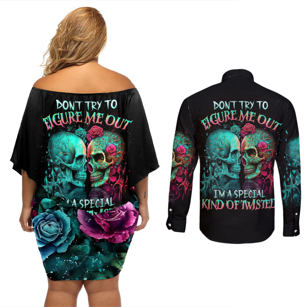 Twin Skull Couples Matching Off Shoulder Short Dress and Long Sleeve Button Shirts Don't Try To Figure Me Out I'm A Special - Wonder Print Shop