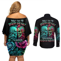 Twin Skull Couples Matching Off Shoulder Short Dress and Long Sleeve Button Shirts Don't Try To Figure Me Out I'm A Special - Wonder Print Shop