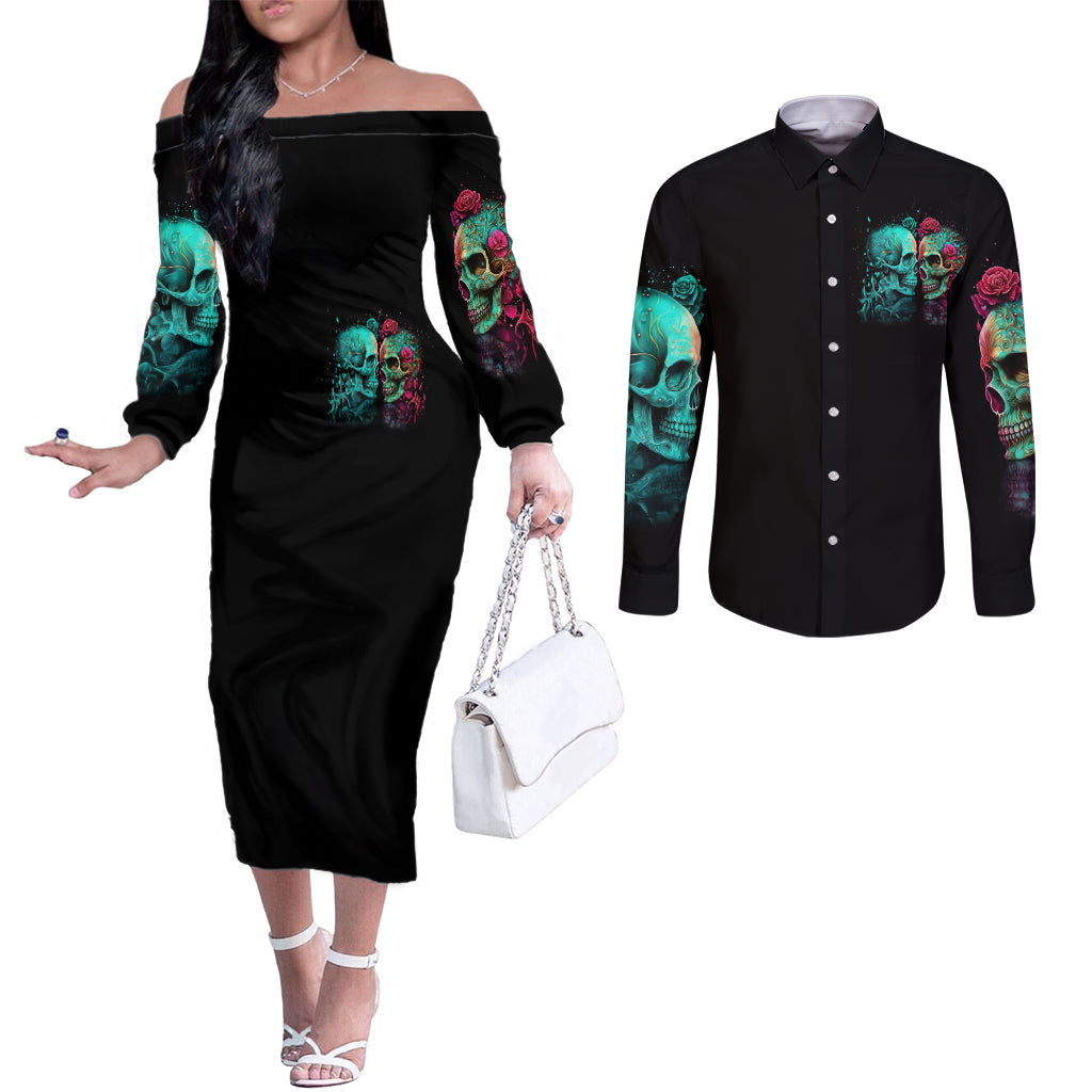 Twin Skull Couples Matching Off The Shoulder Long Sleeve Dress and Long Sleeve Button Shirts Don't Try To Figure Me Out I'm A Special DT01