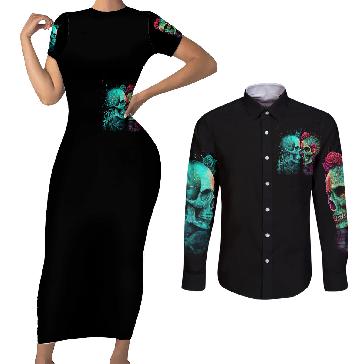 Twin Skull Couples Matching Short Sleeve Bodycon Dress and Long Sleeve Button Shirts Don't Try To Figure Me Out I'm A Special - Wonder Print Shop