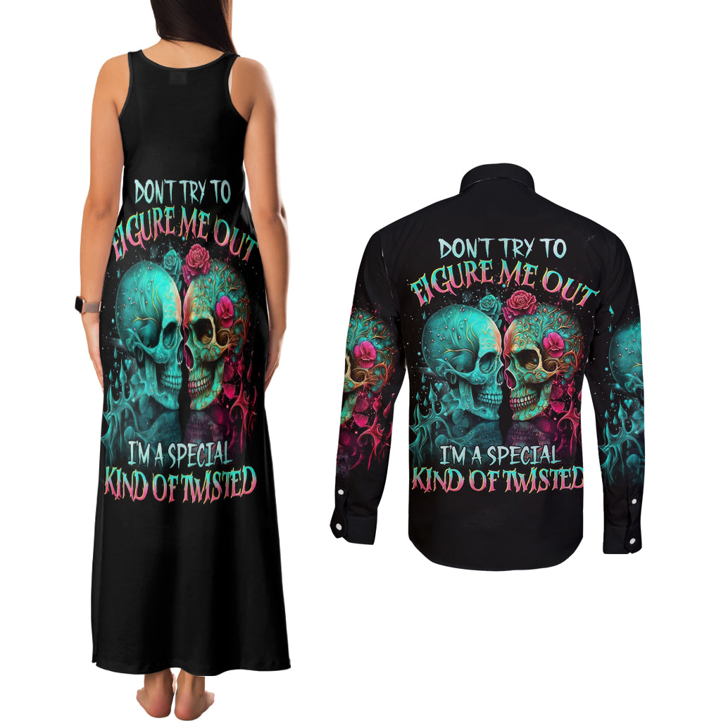Twin Skull Couples Matching Tank Maxi Dress and Long Sleeve Button Shirts Don't Try To Figure Me Out I'm A Special - Wonder Print Shop