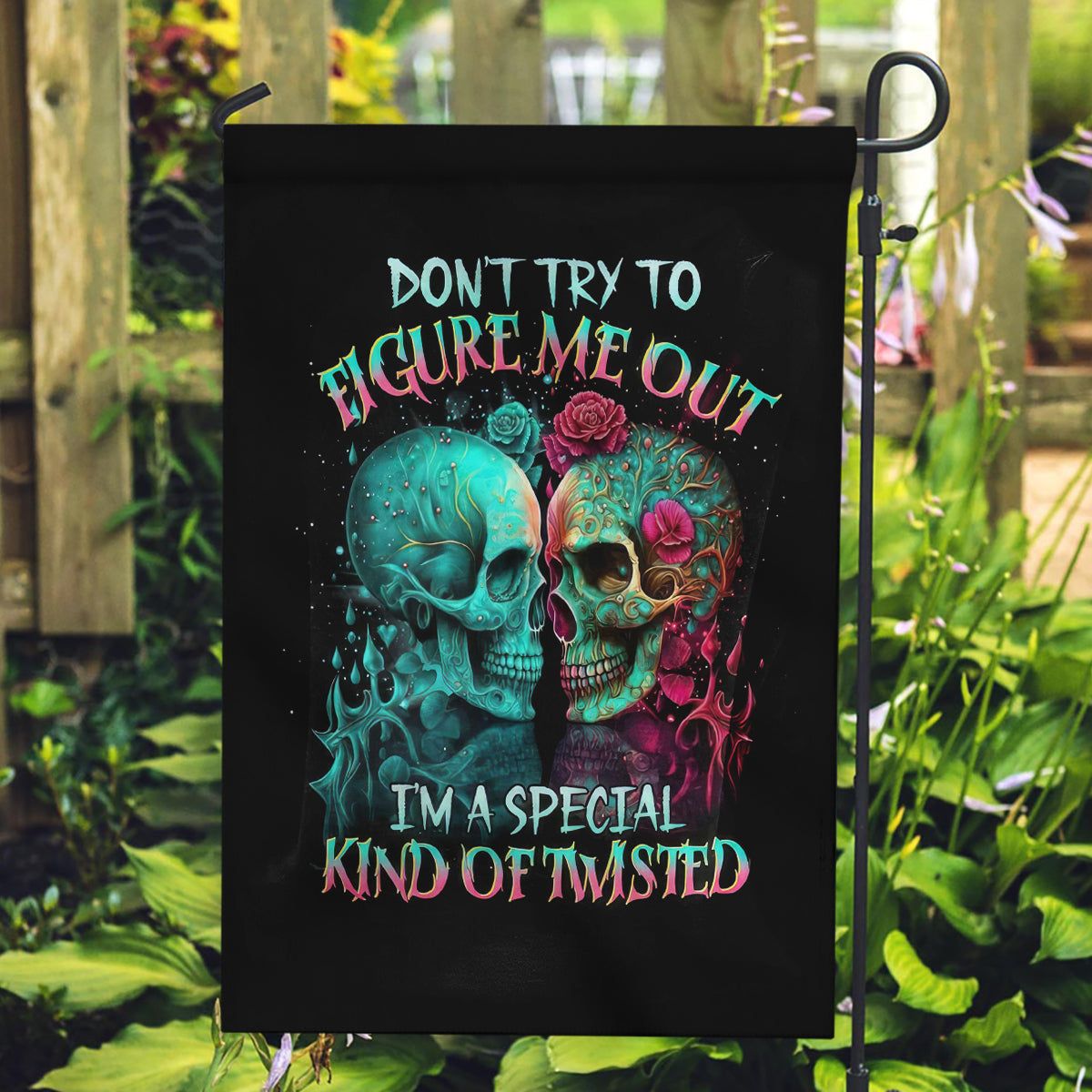 Twin Skull Garden Flag Don't Try To Figure Me Out I'm A Special - Wonder Print Shop