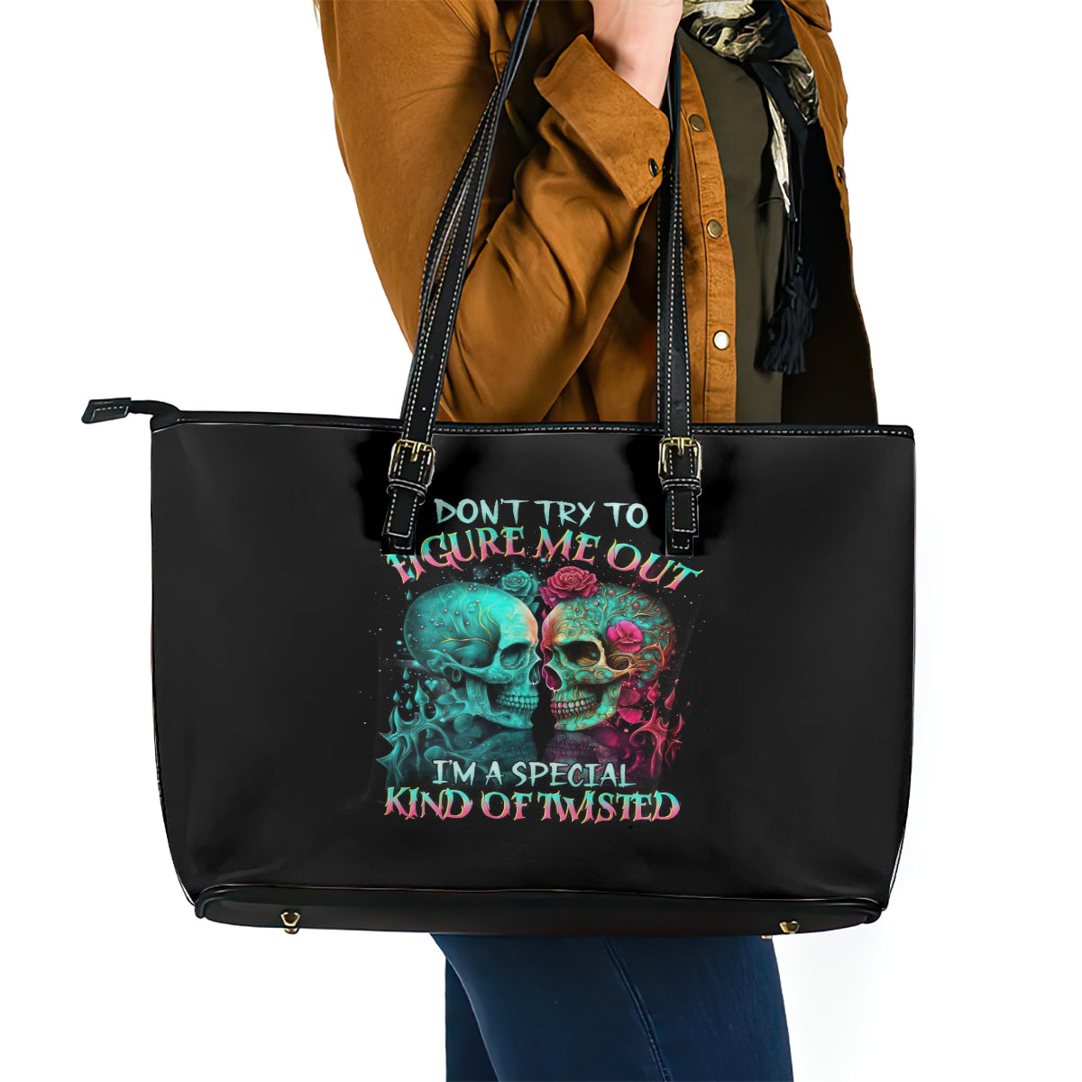 Twin Skull Leather Tote Bag Don't Try To Figure Me Out I'm A Special - Wonder Print Shop